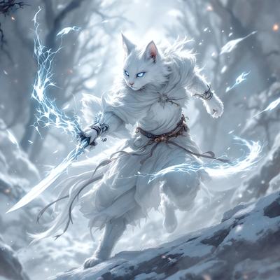 The primary subject of the image is a white cat with blue eyes, dressed in a white robe and holding a sword. The cat appears to be a warrior or a character from a fantasy story. The setting is a snowy forest, with trees and snow visible in the background. The visual style is a digital art or illustration, creating a unique and captivating scene. The dominant colors are white and blue, giving the image a serene and mystical atmosphere.